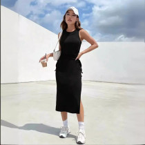 Fashionable style round neck sleeveless waist drawstring hollow wrap buttocks slit dress