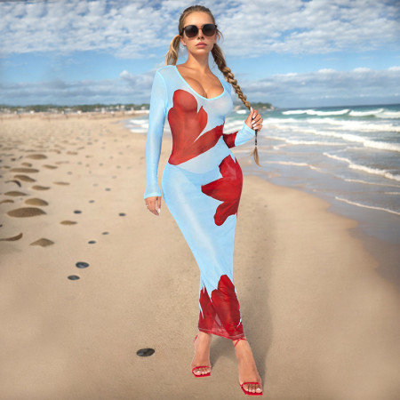 New sexy mesh perspective deep V long sleeved printed slimming long dress