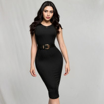 Solid V-neck sleeveless vest with hip wrap skirt, fashionable and elegant dress