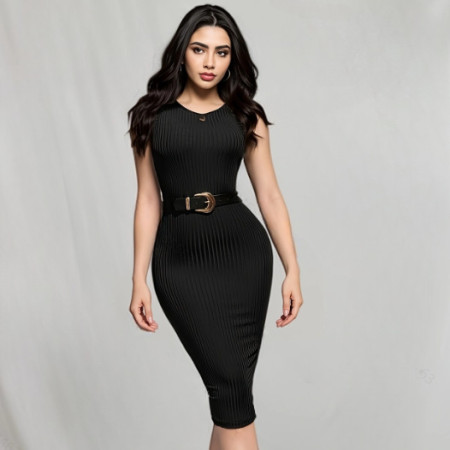 Solid V-neck sleeveless vest with hip wrap skirt, fashionable and elegant dress