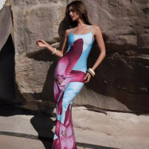 New sexy camisole printed buttocks slit dress