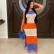Women's fishing net contrasting color sleeveless slit sexy casual pullover beach dress