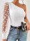 New diagonal shoulder single sleeve polka dot mesh patchwork long sleeved waist slimming women's top T
