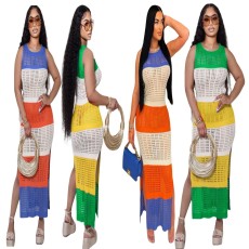 Women's fishing net contrasting color sleeveless slit sexy casual pullover beach dress