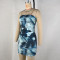 New printed one line collar strapless waist wrapped buttocks dress