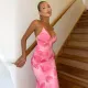 Fashionable printed backless hanging neck tie slim fit fishtail dress