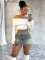 Unique hip wrap elastic denim short skirt with double waist