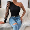 New diagonal shoulder single sleeve polka dot mesh patchwork long sleeved waist slimming women's top T