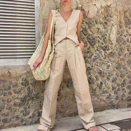 Women's sleeveless vest top straight leg pants solid color cotton linen two-piece set