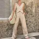 Women's sleeveless vest top straight leg pants solid color cotton linen two-piece set
