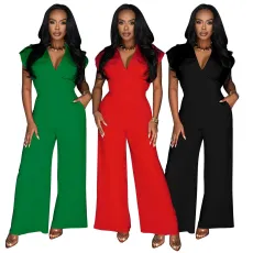 Fashion women's pants solid color sleeveless V-neck wide leg jumpsuit