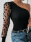 New diagonal shoulder single sleeve polka dot mesh patchwork long sleeved waist slimming women's top T