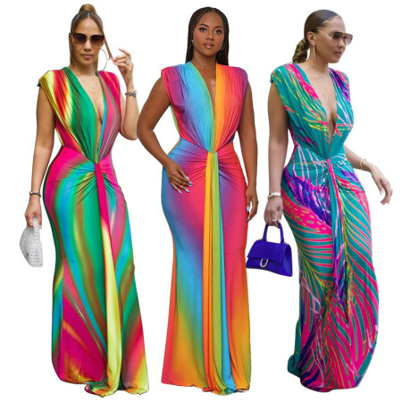 Fashionable women's sleeveless printed sexy deep V-shaped slim fit dress