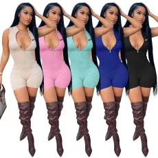 Pit striped fabric zipper sleeveless straight tube jumpsuit shorts
