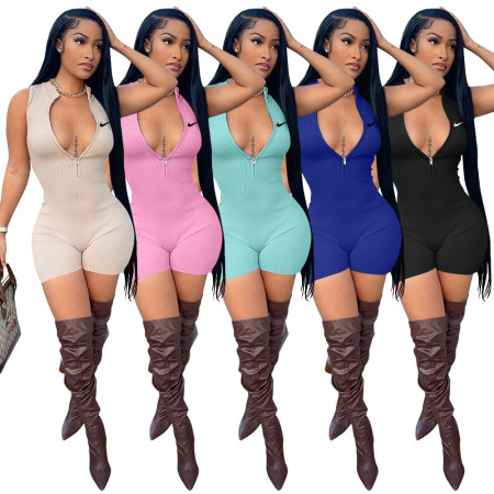 Pit striped fabric zipper sleeveless straight tube jumpsuit shorts