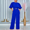 Fashionable round neck solid color high waisted oversized wide leg jumpsuit