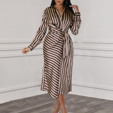 Fashionable striped lapel shirt skirt loose long sleeved dress
