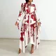 Fashionable and stylish printed lapel long sleeved lace up irregular printed European and American dresses