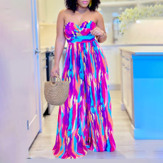 Sexy printed chest wrapped off shoulder pleated wide leg jumpsuit
