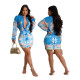 New denim elegant printed slim fit casual shirt top+short skirt