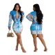 New denim elegant printed slim fit casual shirt top+short skirt
