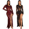 Perspective polyester mesh sequin slim fit bag, hip high slit dress, fashionable evening dress for women
