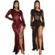 Perspective polyester mesh sequin slim fit bag, hip high slit dress, fashionable evening dress for women