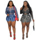 New style imitation denim printed mesh jumpsuit+half skirt two-piece set