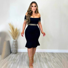 Summer Women's Fashion One Shoulder Short Sleeve Sexy Solid Color Dress
