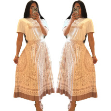 Fashion printed casual short sleeved set (top+pleated skirt)