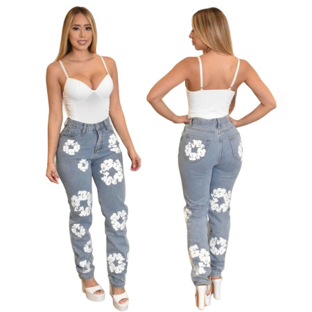 Casual versatile denim high waisted light blue washed long pants jeans