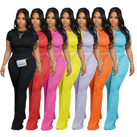 Women's two-piece short sleeved set, sports and leisure pit stripe, summer
