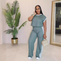 Women's fashion color matching loose short sleeved straight leg pants casual two-piece set
