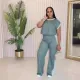 Women's fashion color matching loose short sleeved straight leg pants casual two-piece set
