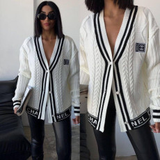 Cardigan V-neck embroidered temperament black and white color matching slim fit cardigan sweater jacket