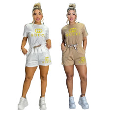 Fashionable and casual women's embossed+embroidered short sleeved shorts set