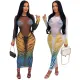 Fashionable round neck perspective printed mesh dress for women without underwear