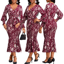 Fashionable digital printed V-neck long sleeved women's dress