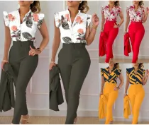 18 COLORS Fashionable printed lotus leaf sleeve top, solid color pants set with belt OL dress