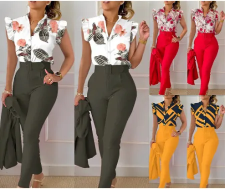 18 COLORS Fashionable printed lotus leaf sleeve top, solid color pants set with belt OL dress