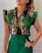 Fashionable printed lotus leaf sleeve top, solid color pants set with belt OL dress