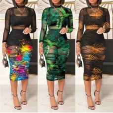 Black short skirt top paired with retro printed sexy mesh mid length dress three piece set