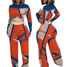 Printed color blocking exposed navel top and wide leg pants set