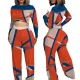 Printed color blocking exposed navel top and wide leg pants set