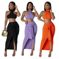 New cross-border stand up collar solid color waist tied sleeveless set