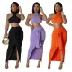New cross-border stand up collar solid color waist tied sleeveless set