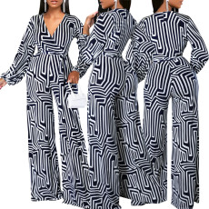 Fashionable digital printed long sleeved V-neck women's jumpsuit