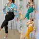 printed standing collar long sleeved shirt top with belt and solid color pants  11 STYLES/COLOR
