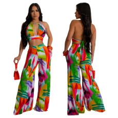 Two piece set of fashionable printed short lace up top and fashionable wide leg pants