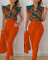 Fashionable printed lotus leaf sleeve top, solid color pants set with belt OL dress